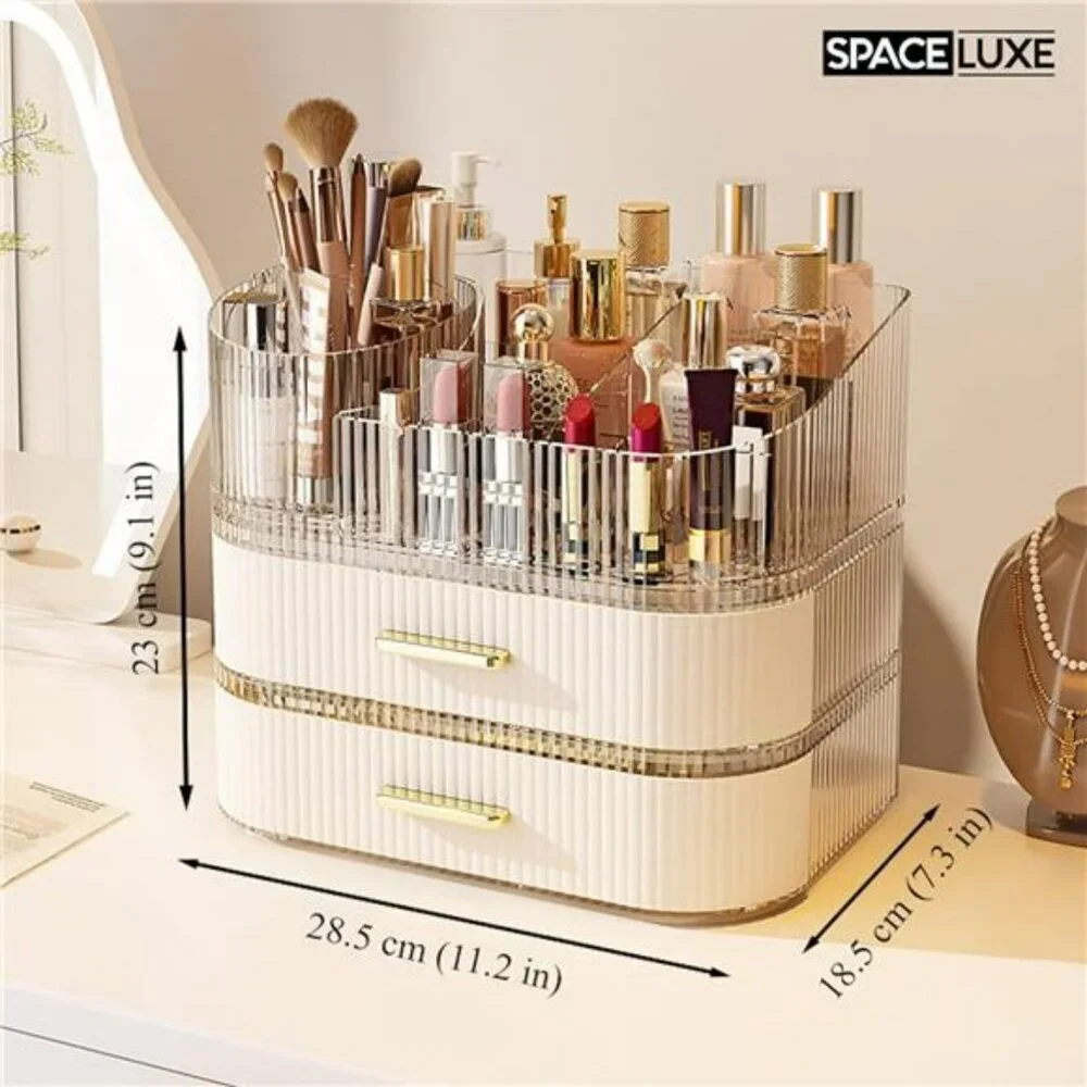 Makeup organizer with drawers rotating brush holder skincare vanity storage